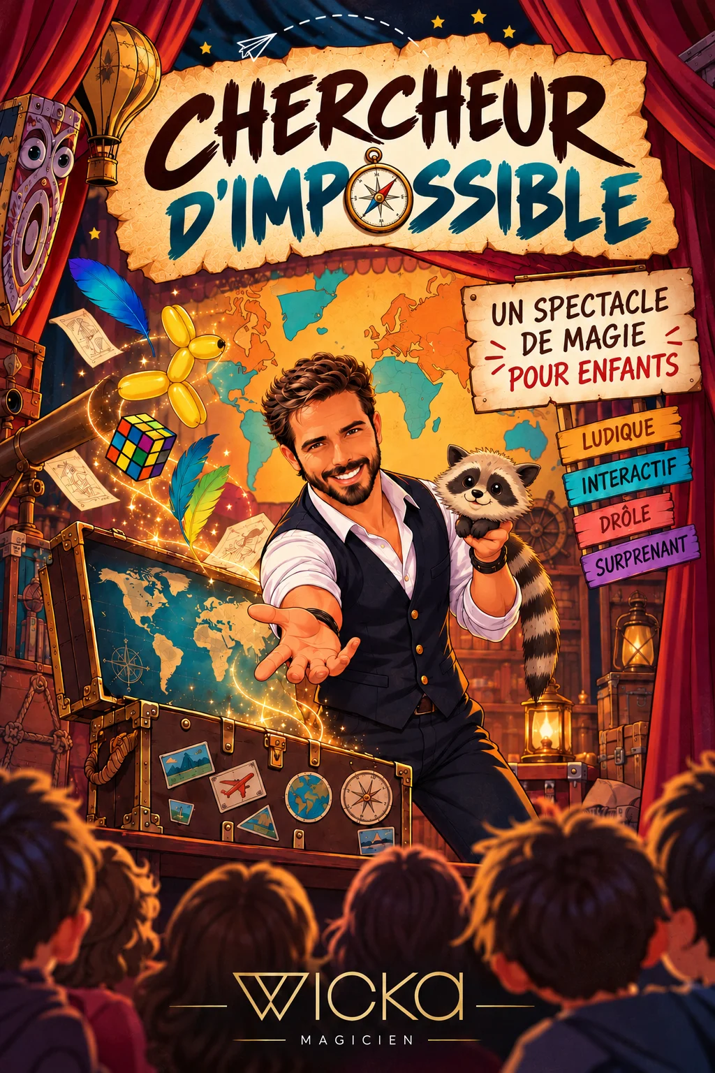 Affiche du spectacle de magie pour enfants Chercheur d'Impossible de Wicka