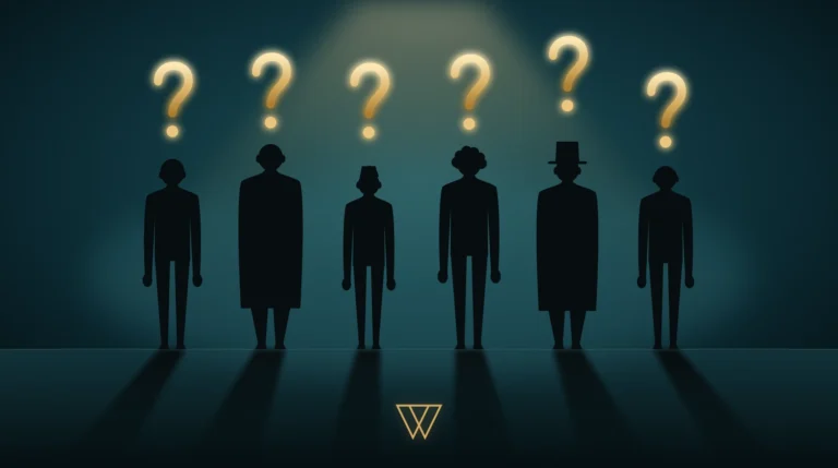Six silhouettes de magiciens méconnus vues de dos, un point d'interrogation doré au-dessus de chacune, logo Wicka