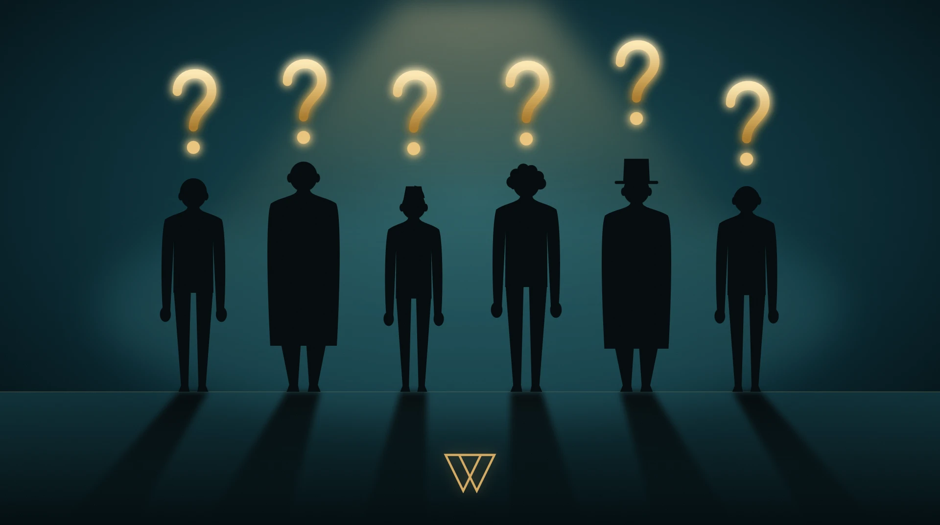 Six silhouettes de magiciens méconnus vues de dos, un point d'interrogation doré au-dessus de chacune, logo Wicka