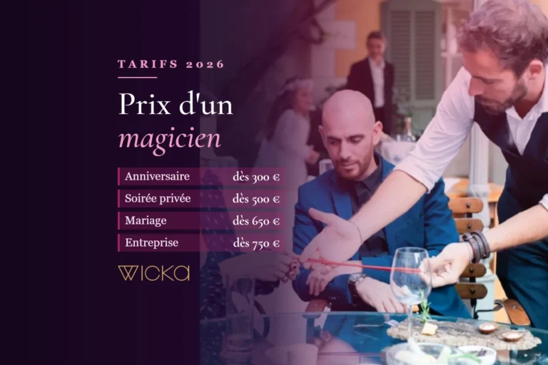 Wicka en close-up à table devant des invités, avec les tarifs 2026 d'un magicien par événement
